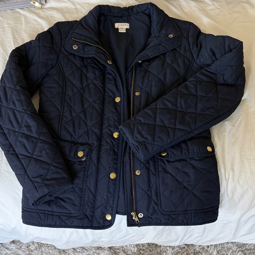 J. Crew Dark Blue Quilted Jacket with Gold Buttons